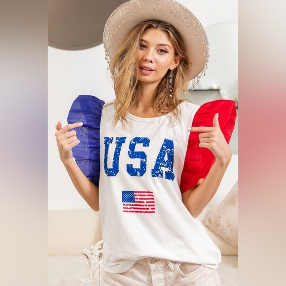 BiBi Tops - BiBi USA Theme Color Block Organza Ruffle Sleeve Top